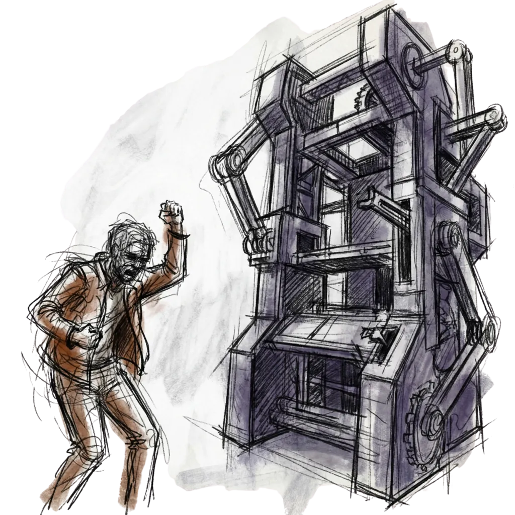 A passionate figure shakes fist at indifferent corporate machinery