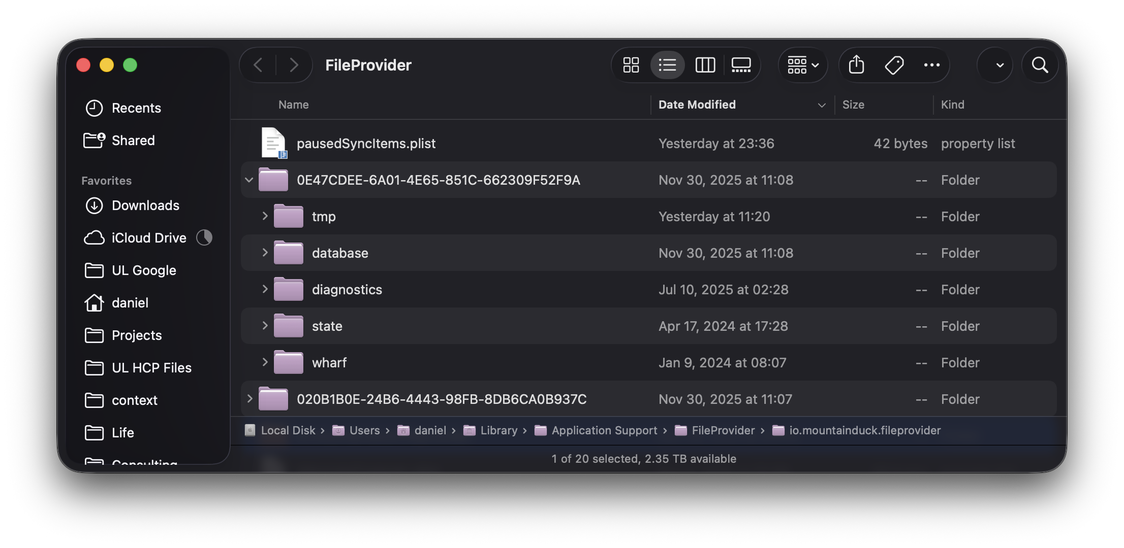 FileProvider directory showing UUID folders