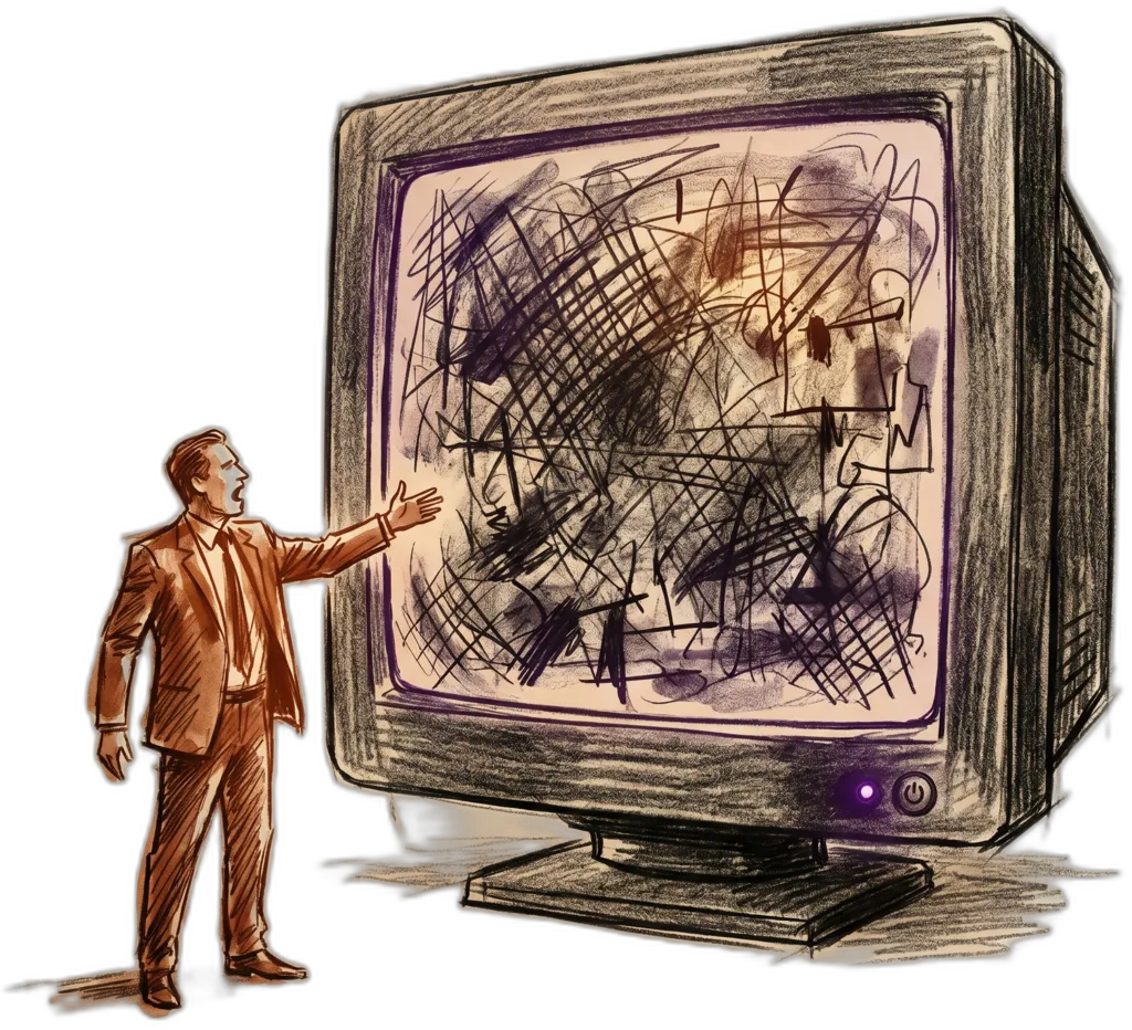 An executive gesturing at a screen full of static, demanding it scale