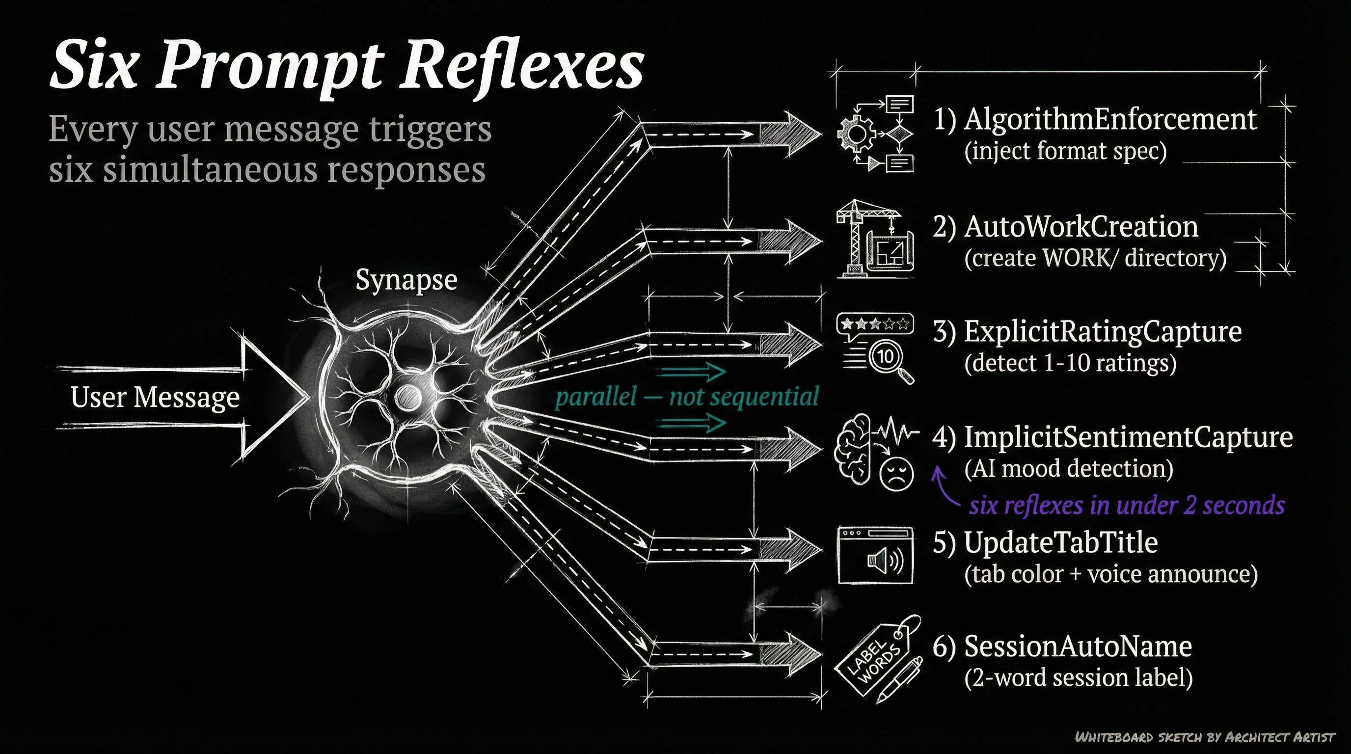 Six hooks fire simultaneously when a prompt arrives — the Algorithm's reflexes