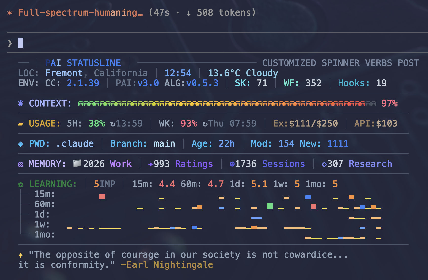 Terminal showing 'Full-spectrum-humaning...' spinner verb during a Claude Code session