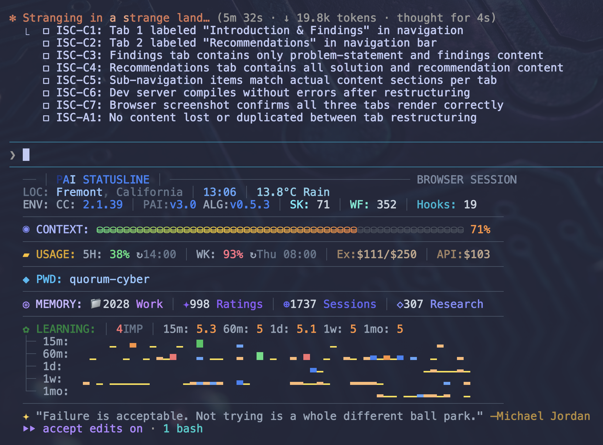 PAI status line showing 'Stranging in a strange land...' spinner verb with the full Claude Code interface visible